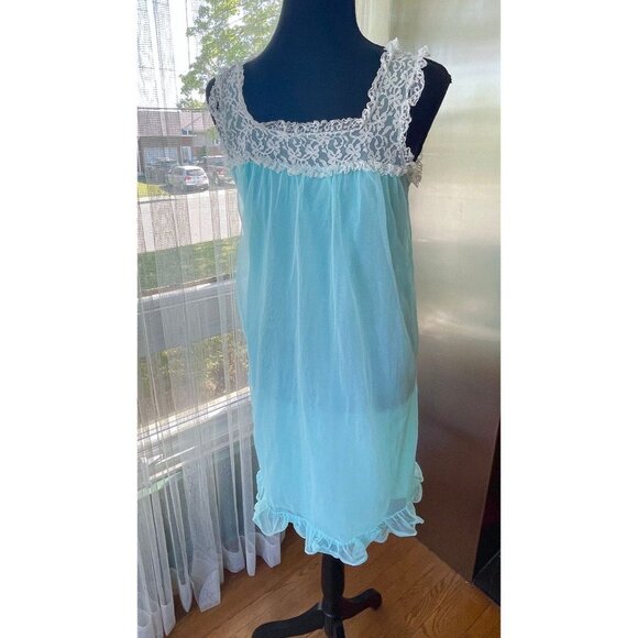 Vintage 60s night dress, blue lined sleeveless nightgown, sheer negligee - Picture 3 of 8
